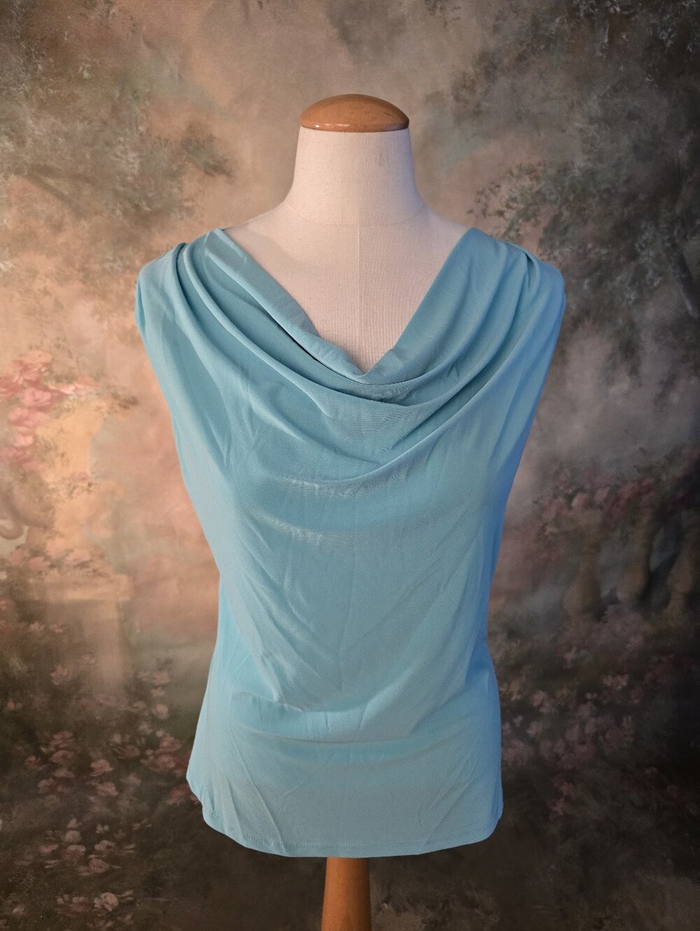 Jennie & Marlis Vintage Turquoise Blue Sleeveless Cowl Neck Blouse M